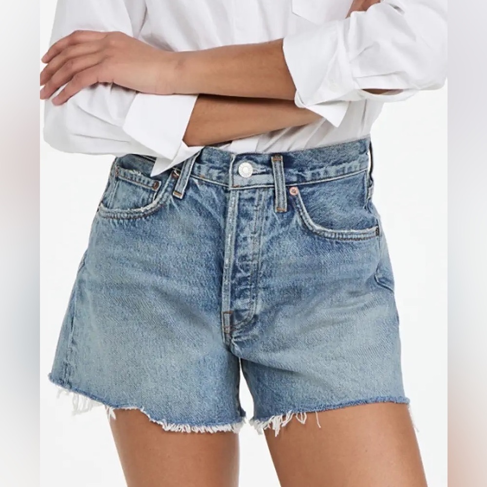 High Rise Frayed Denim Shorts